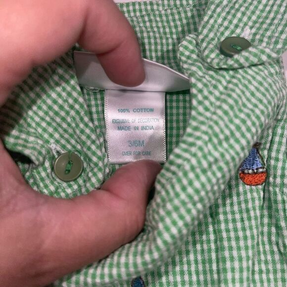 Nursery Rhyme Green & White Gingham Romper w/ Sail & Tug Boats - Sz 3/6 mths - Picture 6 of 6